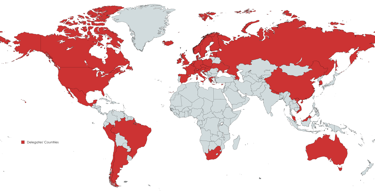 World map depicting delegates countries in red