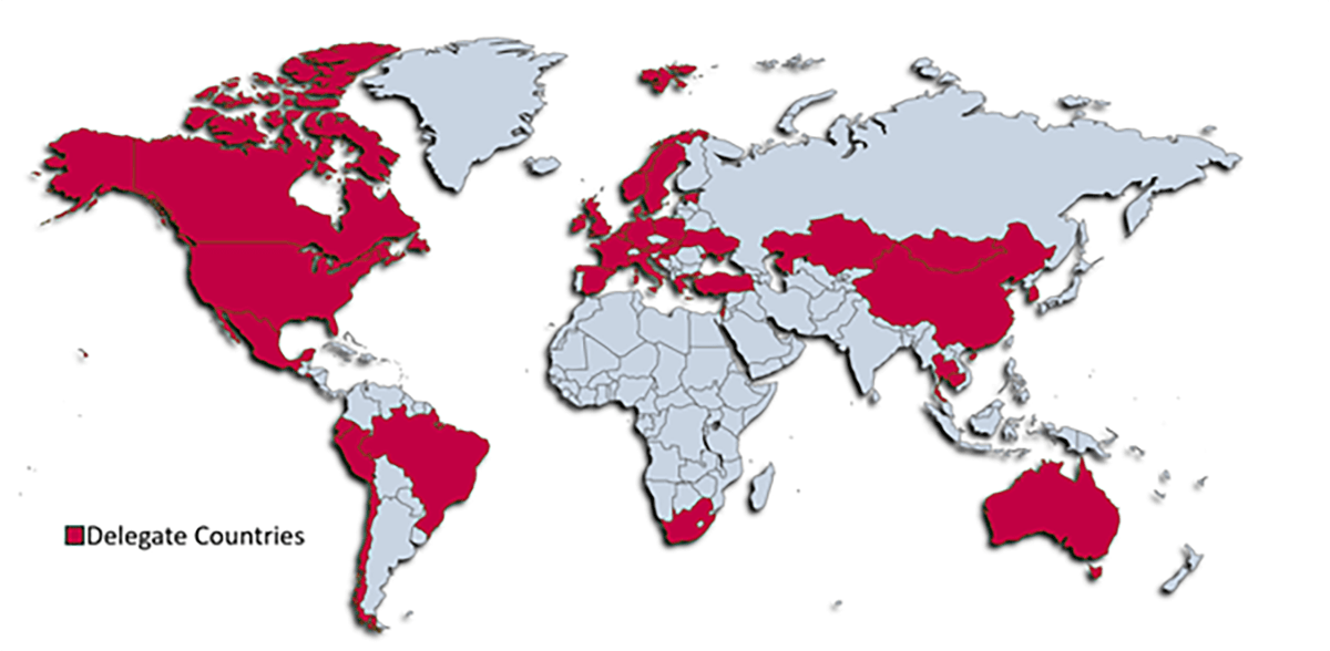 World map depicting delegates countries in red